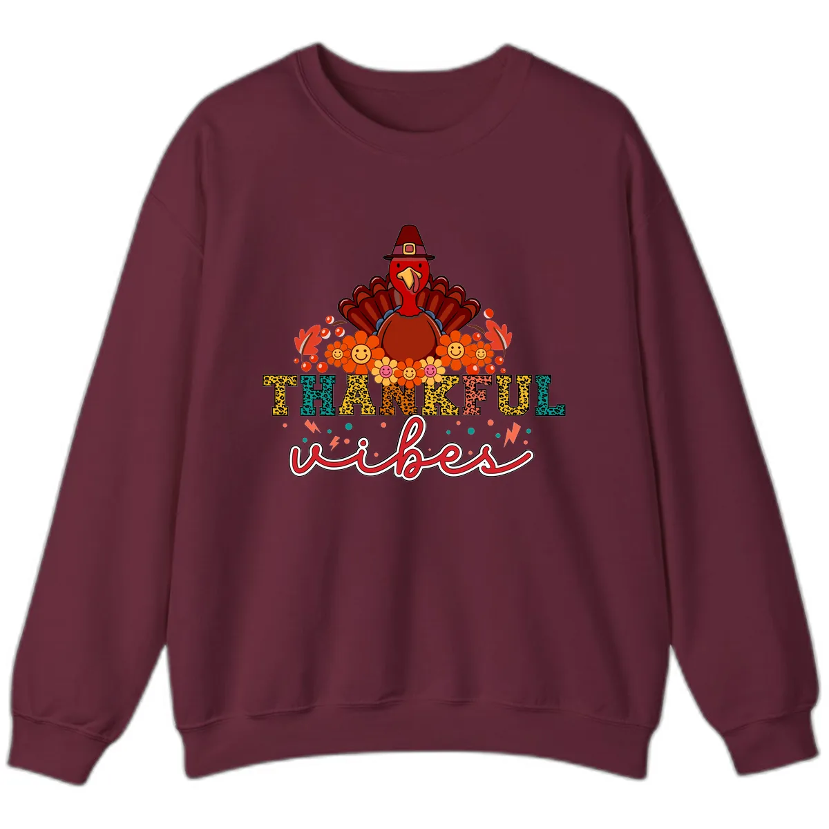 Turkey Vibes Thanksgiving Design Sweatshirt in Maroon